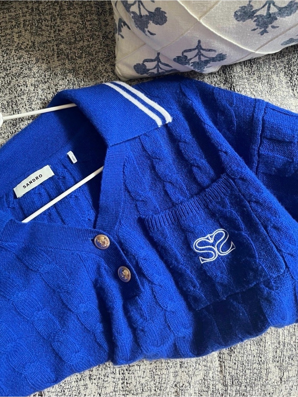 Sandro Women's Royal Blue V-Neck Cable-Knit Sweater with Embroidered Pocket